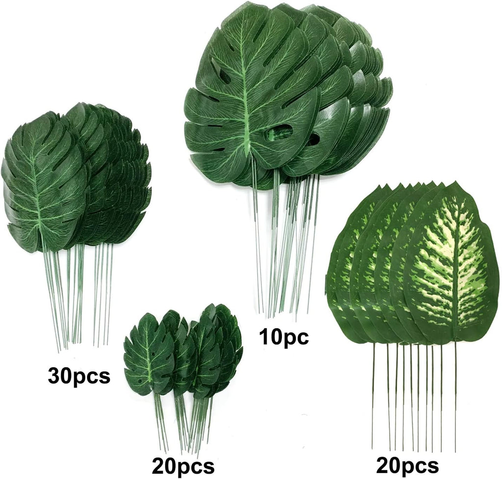 80pc 4-Kind Artificial Palm Leaves with Stems - Faux Monstera, Tropical Plant Simulation Safari Leaves for Tropical Decorations, Beach, Birthday, Jungle, Hawaiian Luau Parties