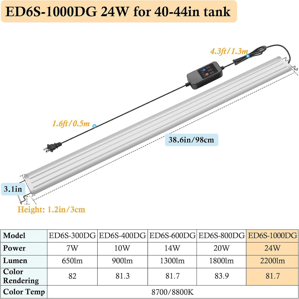 HITOP 40-44in Full Spectrum LED Aquarium Light with Timer, Auto 24/7 Lighting Cycle& 10-Level Brightness Adjustment, Fish Tank Light for Plant Growth, with Extendable Brackets