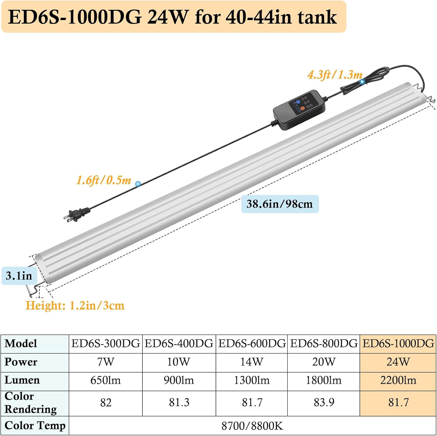 HITOP 40-44in Full Spectrum LED Aquarium Light with Timer, Auto 24/7 Lighting Cycle& 10-Level Brightness Adjustment, Fish Tank Light for Plant Growth, with Extendable Brackets