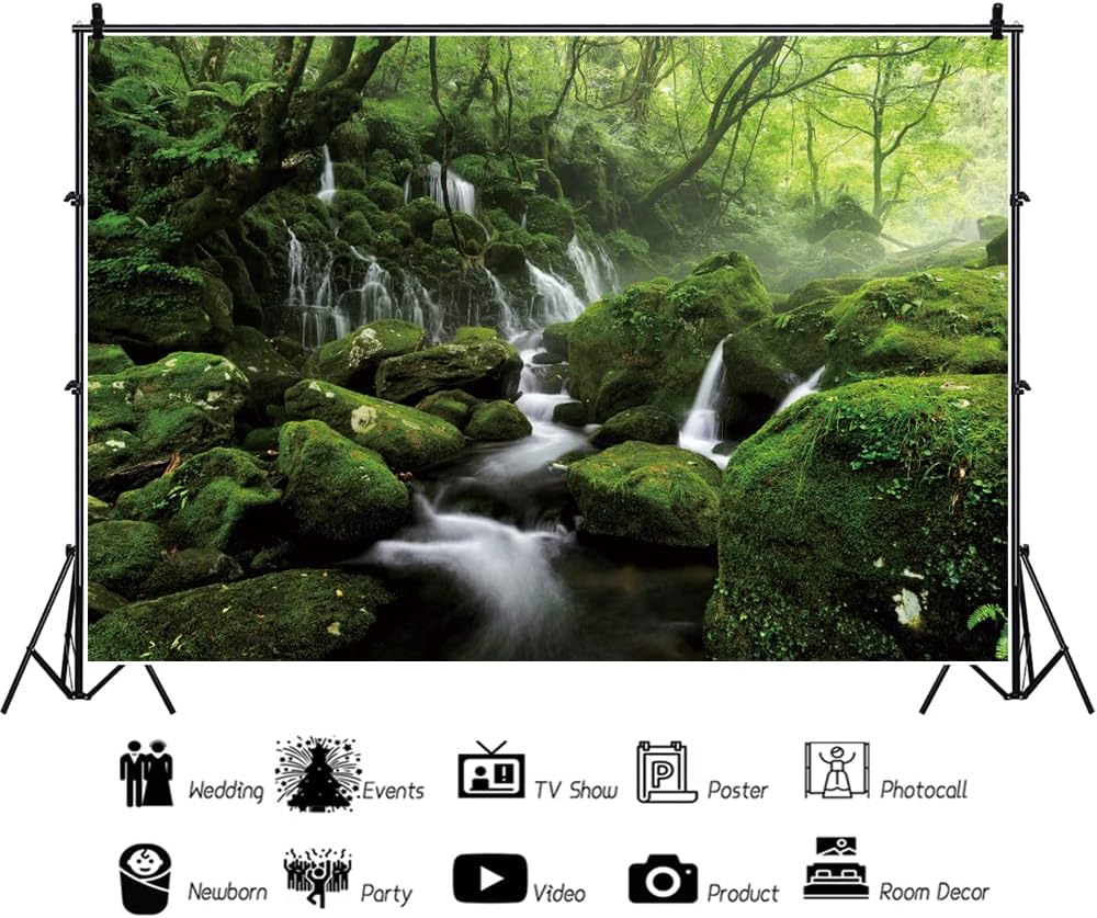 Leyiyi 10x7ft Forest Waterfall Backdrop Graceful Natural Scenery Photography Background Spring Scenery Misty Jungle Rock Mountain Flowing Stream Rainforest Birthday Party Events Photo Studio Props
