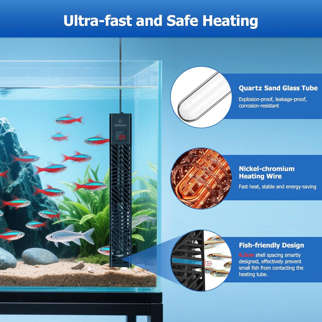 fishkeeper 25W/50W/100W/200W/300W Fish Tank Heater for 1-80 Gallon, Adjustable Submersible Aquarium Heater with LED Digital Display and Overheat Protection for Saltwater & Freshwater Tanks