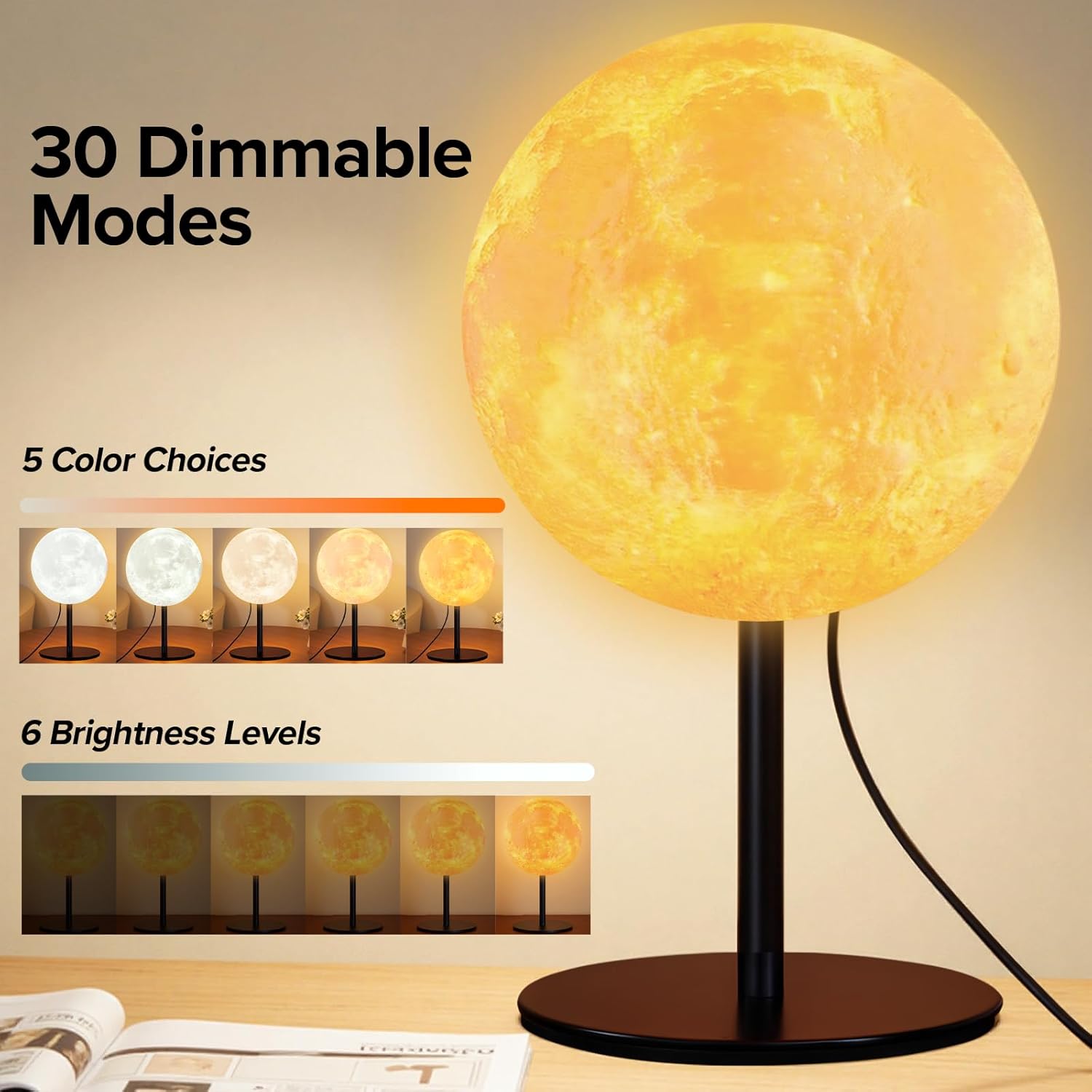 Moon Lamp Christmas Gifts for Kids Boys Girls Teens, Dimmable Small Table Lamp for Bedroom with 30 Modes, Night Light Bedside Lamps for Night Stands, Desk Lamp for Living Room, Office, Dorm, Kids Room