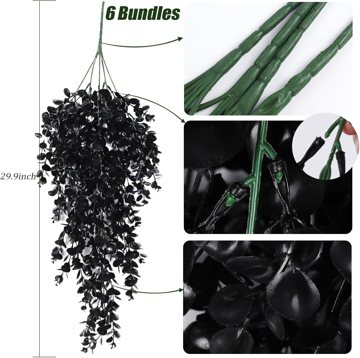 RECUTMS 6 Pack Artificial Plants Artificial Hanging Plants Faux Eucalyptus Leaf Greenery Fake Hanging Eucalyptus Plant for Wall House Room Patio Indoor Outdoor Home Shelf Office Decor (1-Black 6)