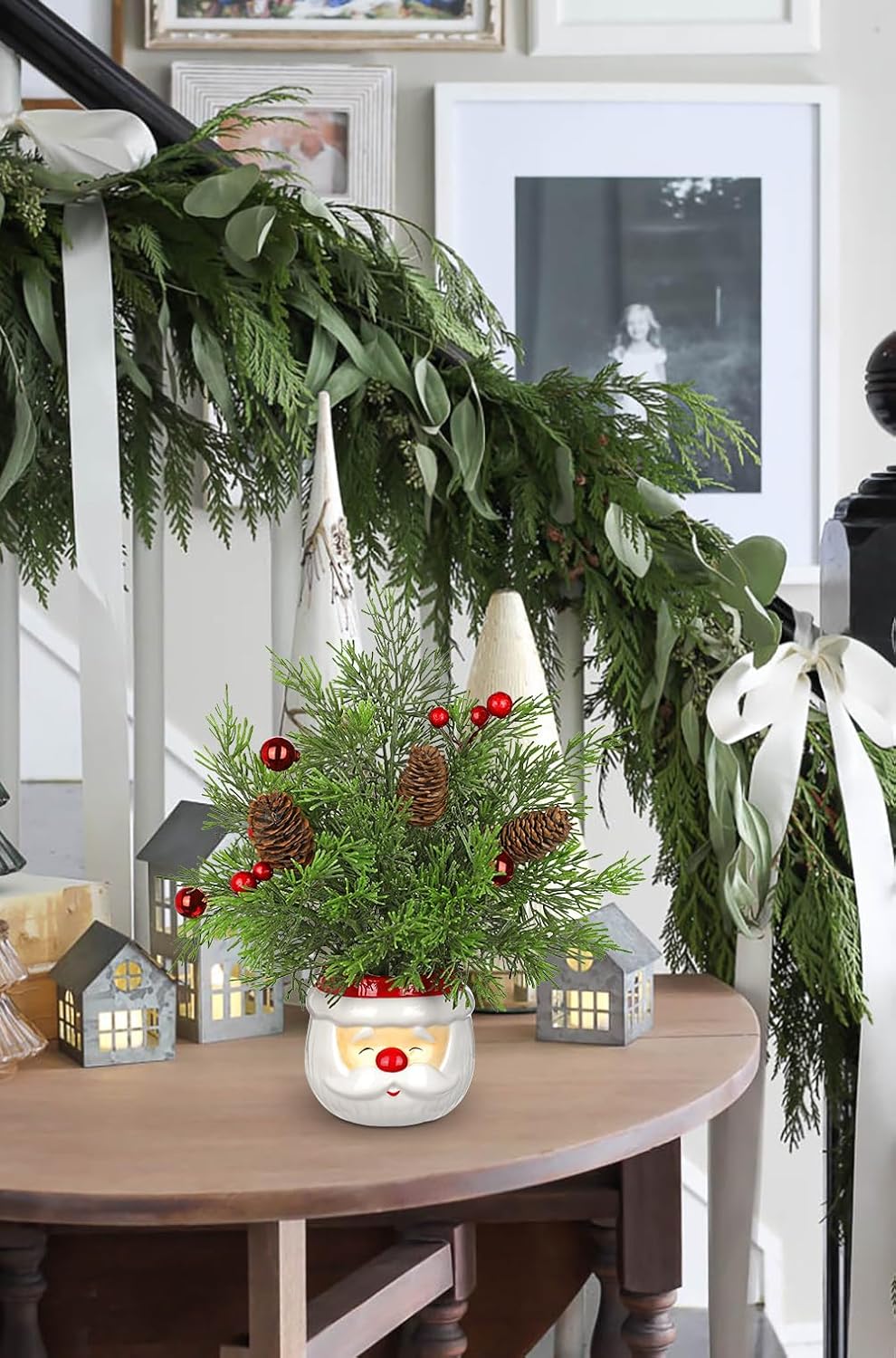 Hollyone Small Christmas Tree Cedar 10" Tabletop Snowman Potted Plants with Vase Artificial Mini Xmas Tree Decorations Plant with Christmas Ball Ornaments Berries Pine Cones Slim Tree Party Home Decor