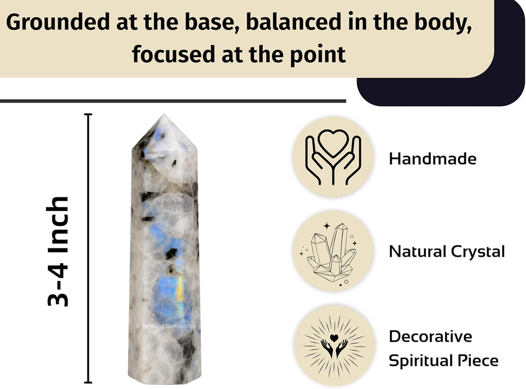 Amazing Gemstone Rainbow Moonstone Crystal Towers - Natural Healing Crystal Point Obelisk for Reiki Healing and Crystal Grid (3 Inch to 4 Inch)