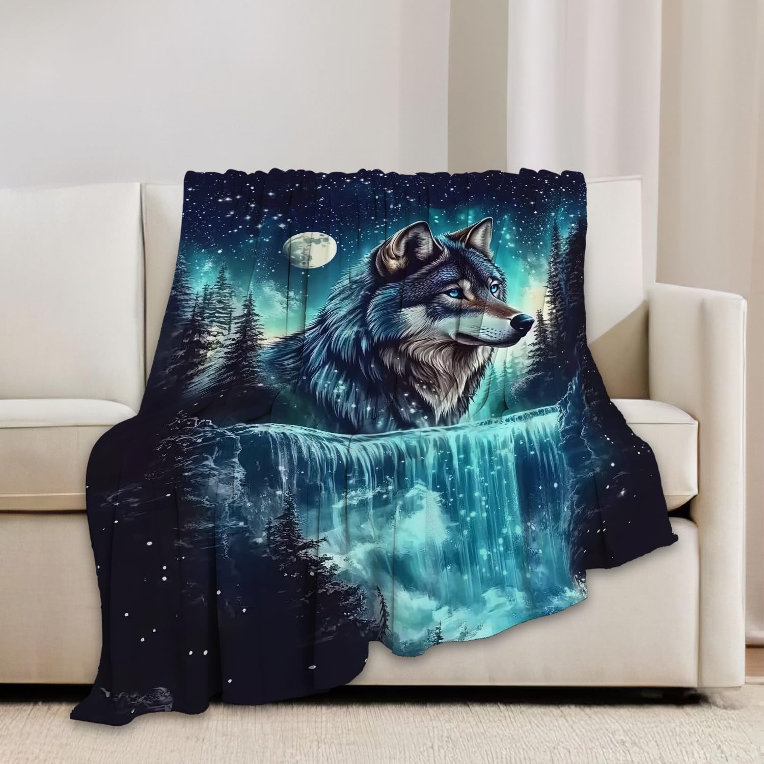 Wolf Blanket Wolves Lover Throw Blankets Waterfall Gifts for Girls Boys Kids Soft Cozy Fleece Plush for Couch Sofa Bed 60"x50"
