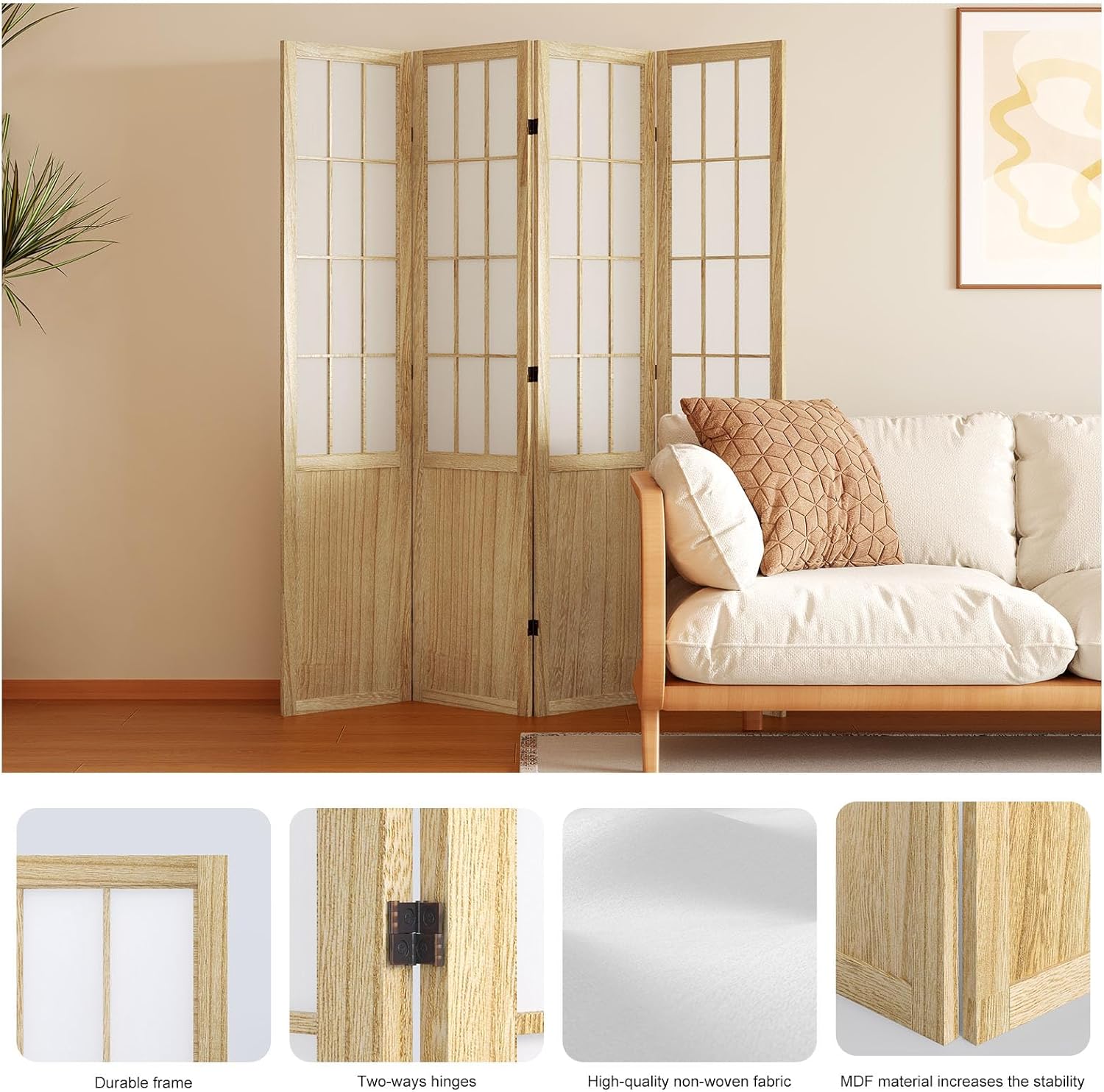 Room Divider, 66.9Inch Tall Japanese Shoji Style Folding Wood Screen with Double Hinges for Home Office Bedroom Hotel Decoration (4Panels, Natural)