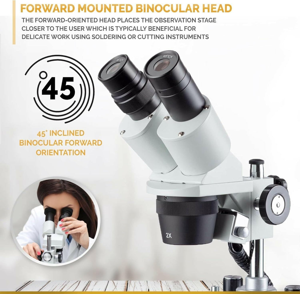 AmScope SE306R-PY-LED Forward-Mounted Binocular Stereo Microscope, WF10x and WF15x Eyepieces, 20X/30X/40X/60X Magnification, 2X and 4X Objectives, Upper and Lower LED Lighting, Reversible Black/White Stage Plate, Pillar Stand, 120V