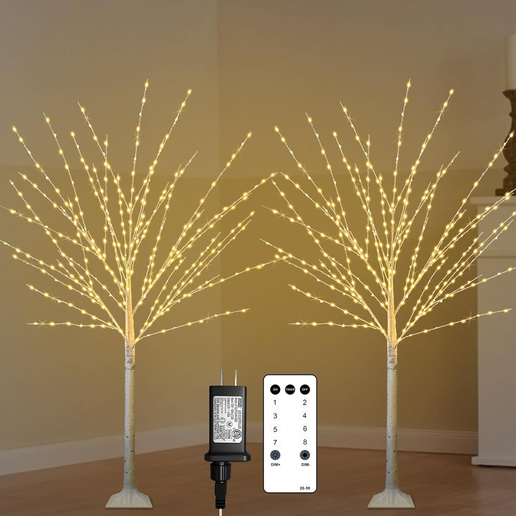 2Pack 4FT Lighted Birch Tree with 400 LED Warm White Lights, 8 Twinkle Modes, Timer, Dimmable Artificial Light Up Twig Christmas Tree for Indoor Outdoor Xmas Holiday Party Decor
