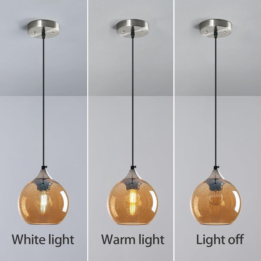 Amber Glass Pendant Lights Kitchen Island Globe Pendant Light Fixtures Modern Pendant Lighting for Bedroom Living Dining Room Light Fixture (5.9 in, 2 Pack)