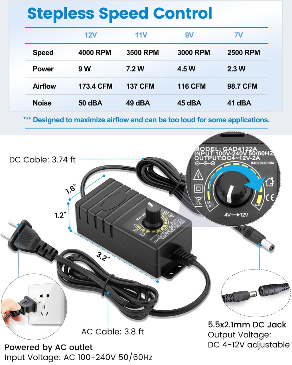 G‌DSTIME 120mm x 38mm Computer Fan with Variable Speed Controller, Powerful Airflow High Static Pressure 110V 220V AC Powered for Biltong Box, Server Rack, Solder Fume Extractor Cooling Ventilation