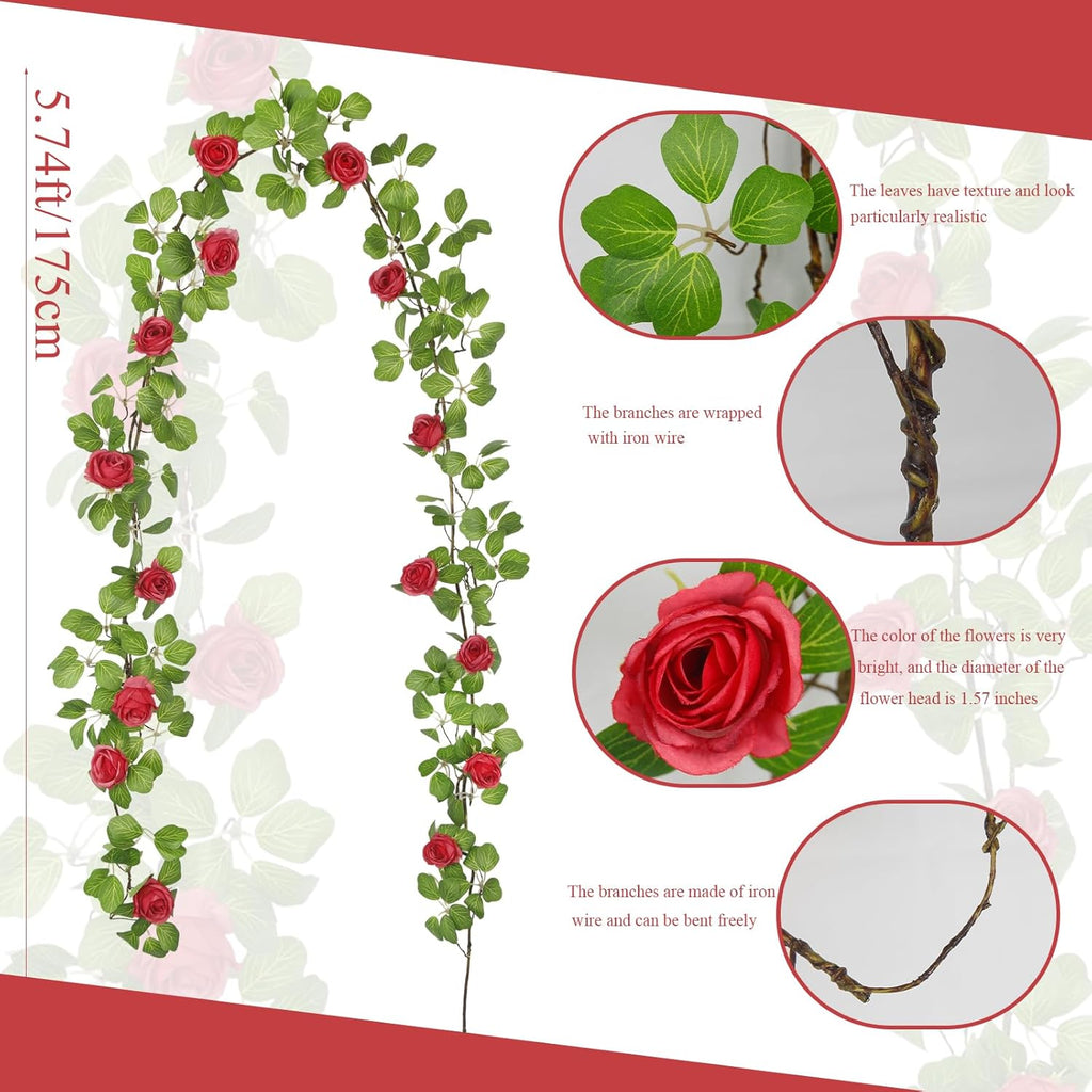 Artificial Roses Vines Flowers Garland Hanging Silk Rose Vine Floral Garland Red UV Resistant Realistic Faux Hanging Flowers Plants Fake Ivy Vines for Outdoor Porch Outside Decor Patio Yard