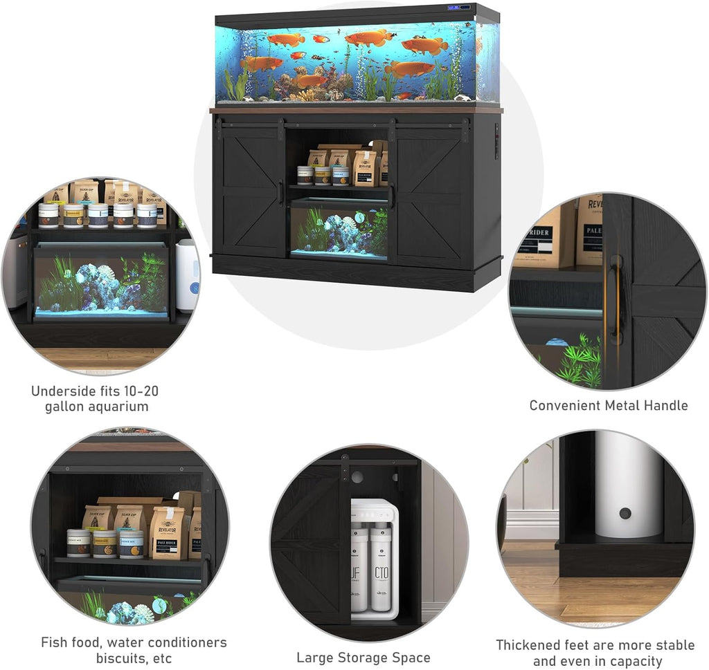 Farmhouse 55-75 Gallon Fish Tank Stand with Power Outlet, Aquarium Stand w/Cabinet&Sliding Barn Door, Heavy Duty Reptile Tank Stand for Fish/Turtle/Reptile Terrarium, 880LBS Capacity, Black