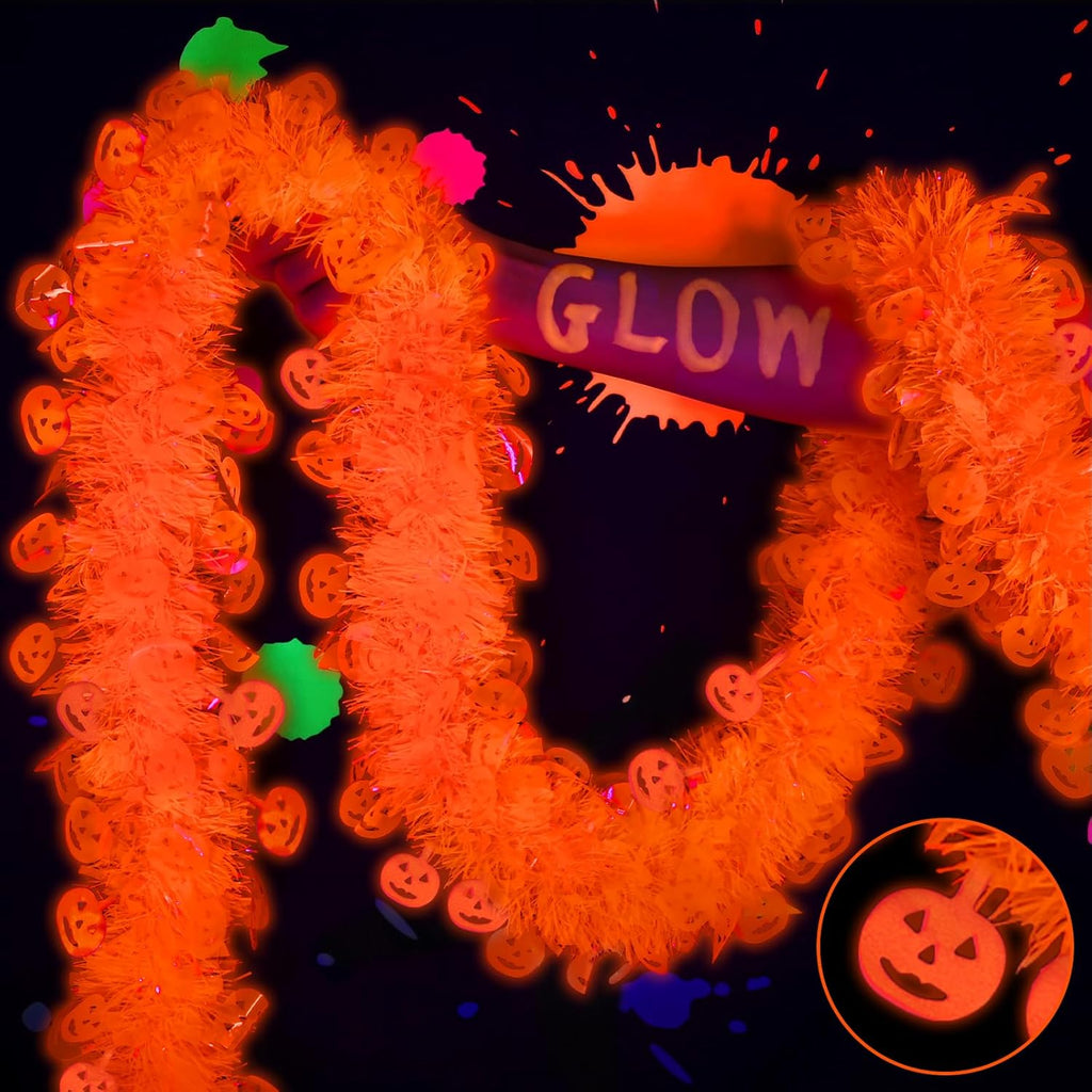 Mega-L Neon Halloween Party Decorations, 26ft Fluorescent Orange Pumpkin Garland Banner Glow in the Dark Party Supplies Cute Hanging Ceiling Decors for Birthday Home Wall Fence Porch Black Light Party