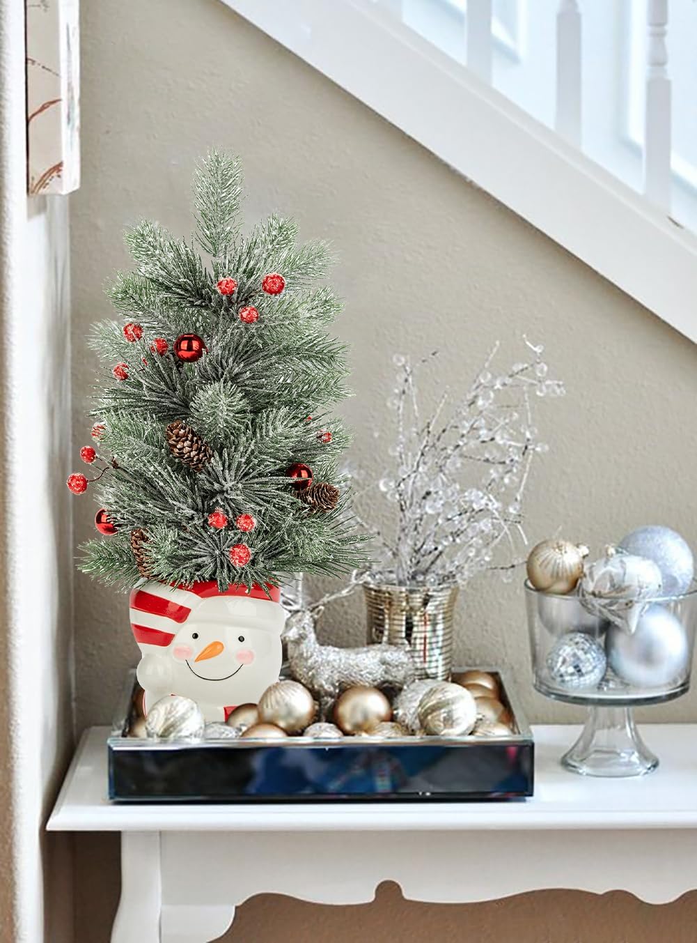Small Christmas Tree Snowman Potted Plants with Vase 16.5" Artificial Tabletop Mini Xmas Tree Decorations Pine Needles Plant with Christmas Ball Ornaments Berries Pine Cones Home Party Christmas Decor
