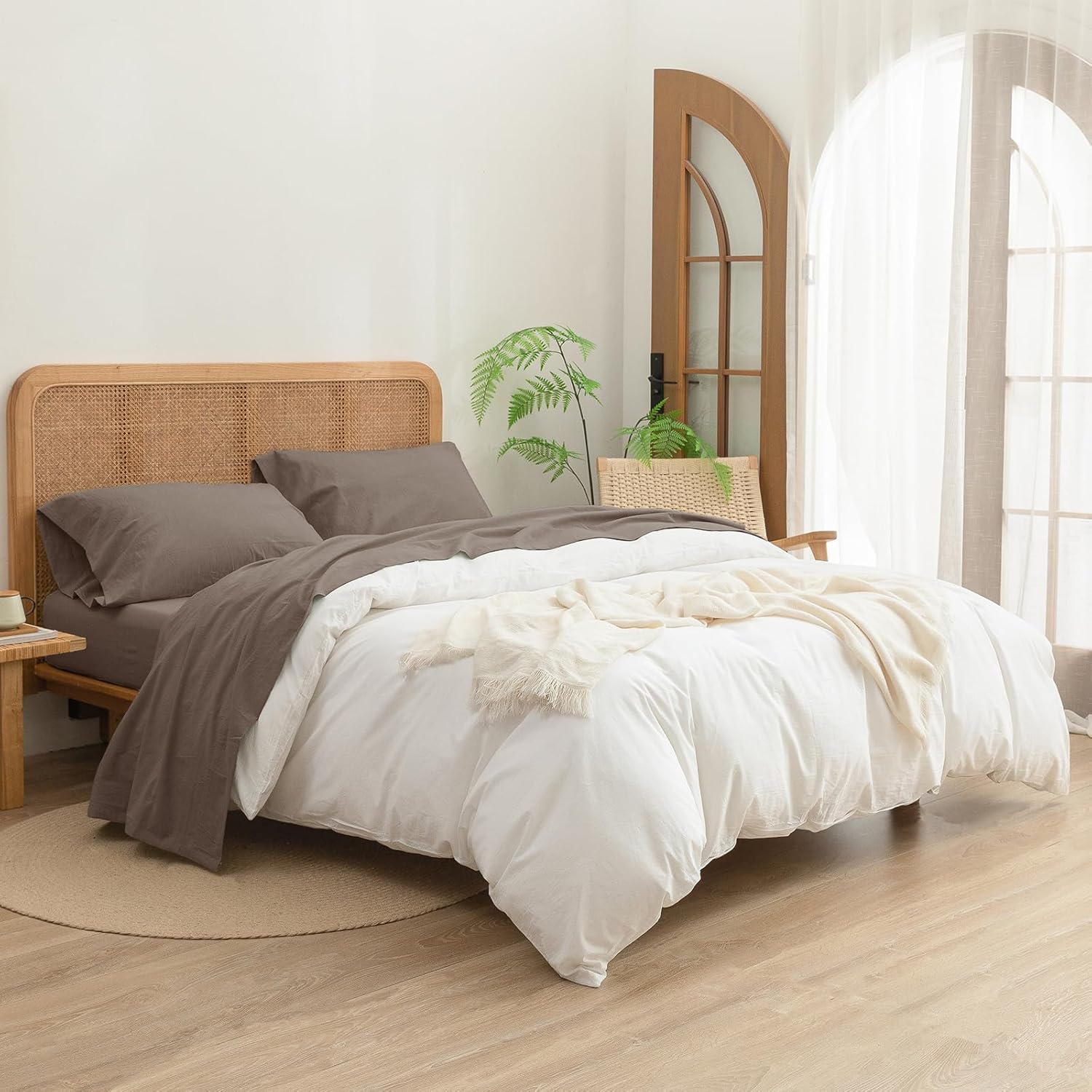 BESTOUCH Sheet Set 100% Washed Cotton Linen Feel Super Soft Comfortable Chic Lightweight 3 Pcs Home Bedding Set Solid Pine Bark Brown Twin