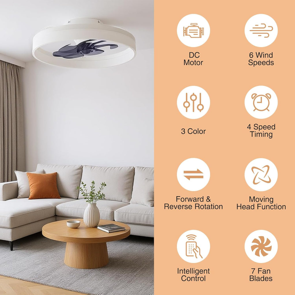 LED Ceiling Fan, 20" Low Profile Ceiling Fan with Lights and Remote, 6 Speeds, Dimmable 3000K–6500K LED, App & Remote Control, for Bedroom/Kitchen/Living Room, White