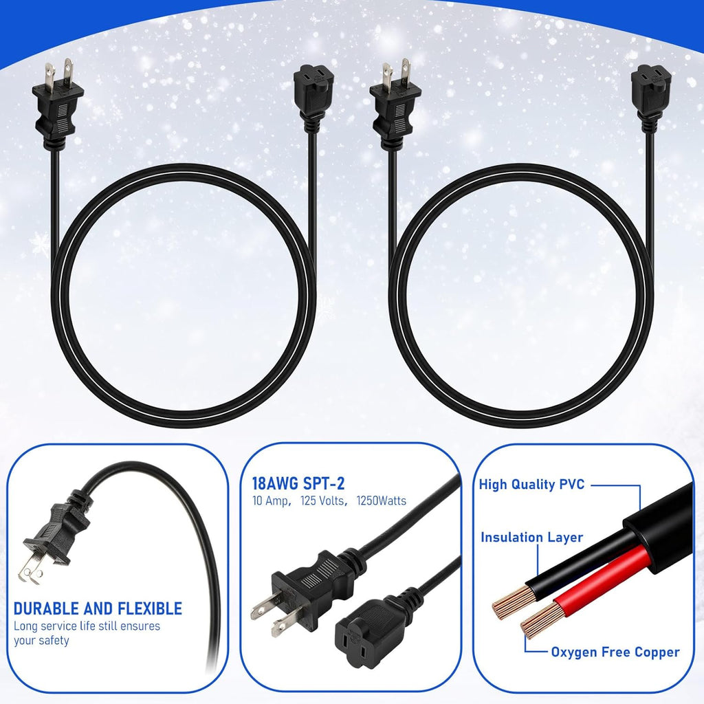 Kanayu 3pcs Black 2 Prong Extension Cords, Male and Female Power Cables, Flexible for Home, Office and Christmas Lights (6ft)