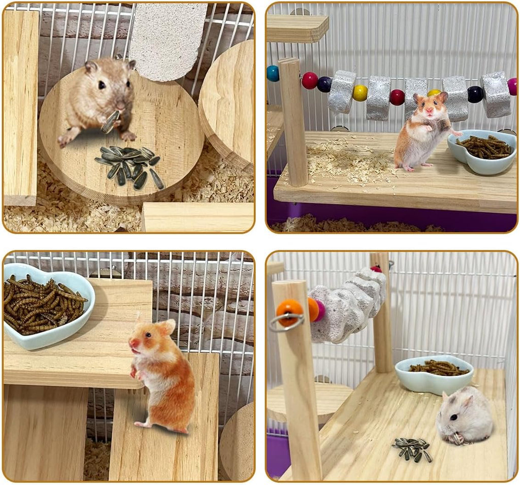 7 Pcs Chinchilla Ledges Wood Sets, Hamster Wooden Stand Platform with Lava Ledge Blocks Chew Toys Small Animal Cage Accessories for Rat Gerbil Guinea Pig Parrot Chipmunk Squirrel Mouse