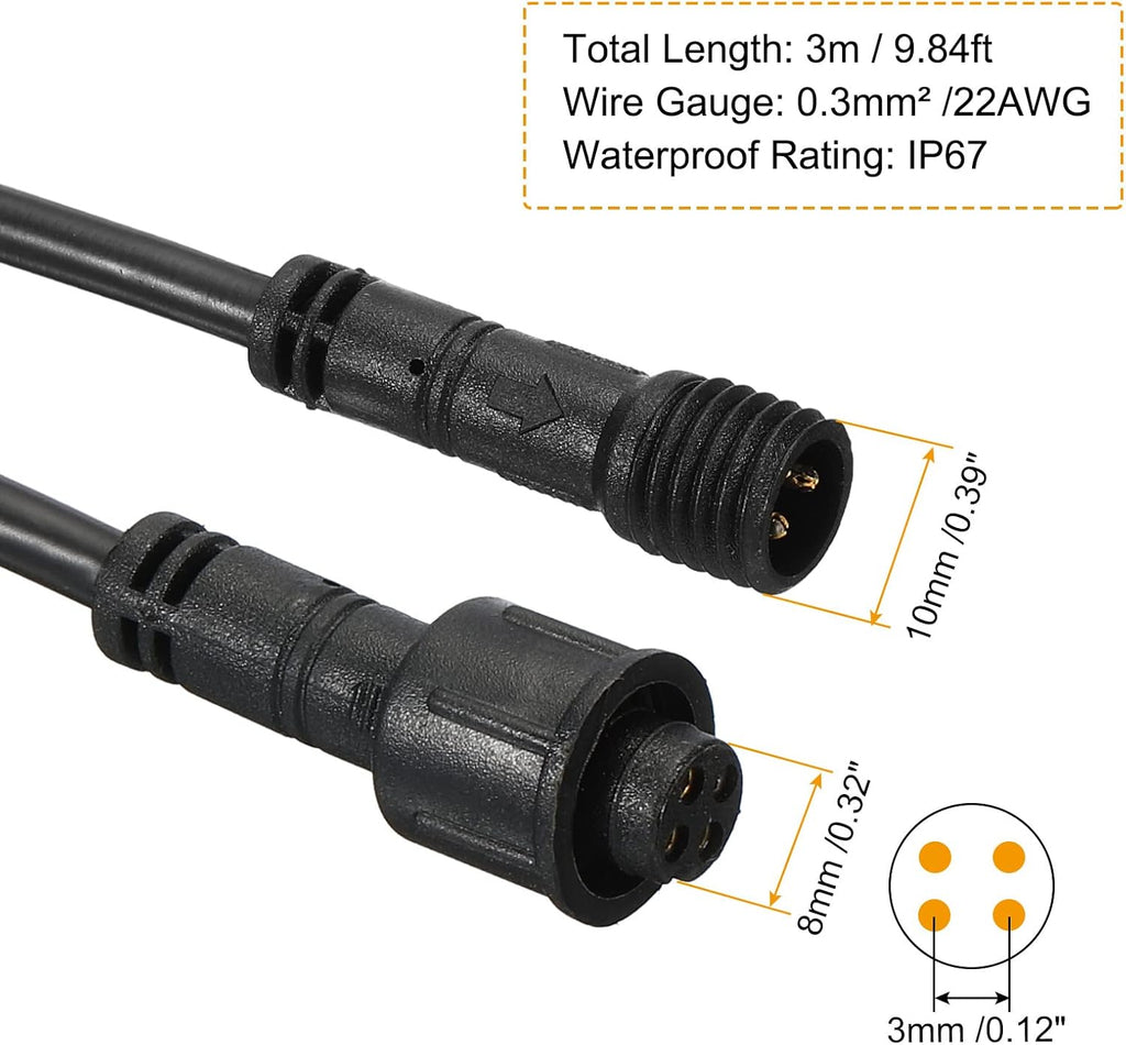PATIKIL 9.84Ft 4 Pin Extension Cable Wire, 2Pcs 22 AWG Waterproof IP67 Connector with Male and Female at Both Ends for LED Strips, Black