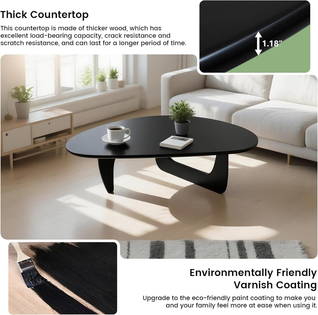 Solid Wooden Modern Triangle Coffee Table: Unique Funky Coffee Tables for Living Room, Oval Mid-Century Irregular Abstract Tea Tables for Patio Office Balcony Bedroom (Black, 50" L x 31" W x 16" H)
