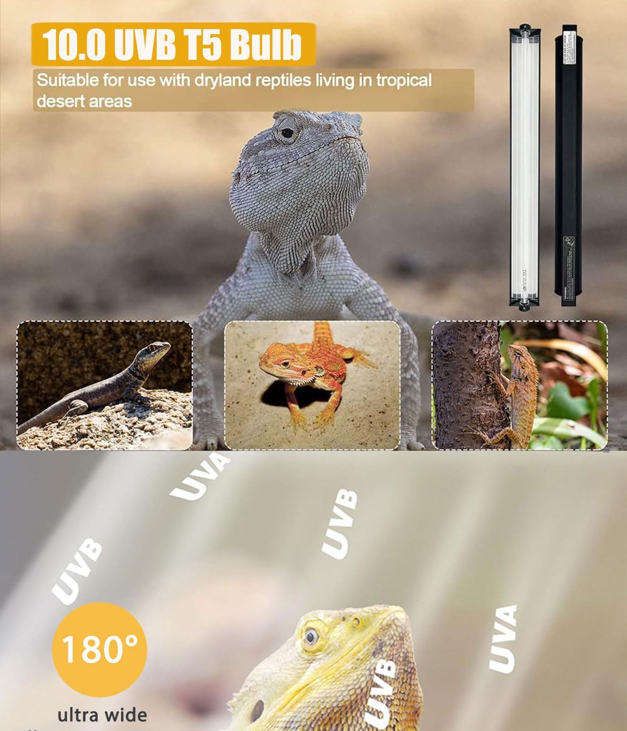 24W T5 UVB Reptile Light Fixture Combo Kit – 10.0 UVB Fluorescent Tube for Bearded Dragons, Lizards & Tortoises – UVA UVB Reptile Light, 22" Terrarium Hood (UVB 10.0-Desert, 22INCH-24W)