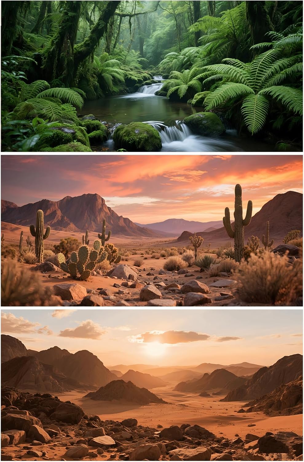 3 Pack Terrarium Background 36x18 inches Polyester Reptile Background，Gobi Sunshine Cactus Stone & Green Tree Fern Stream Terrarium Background