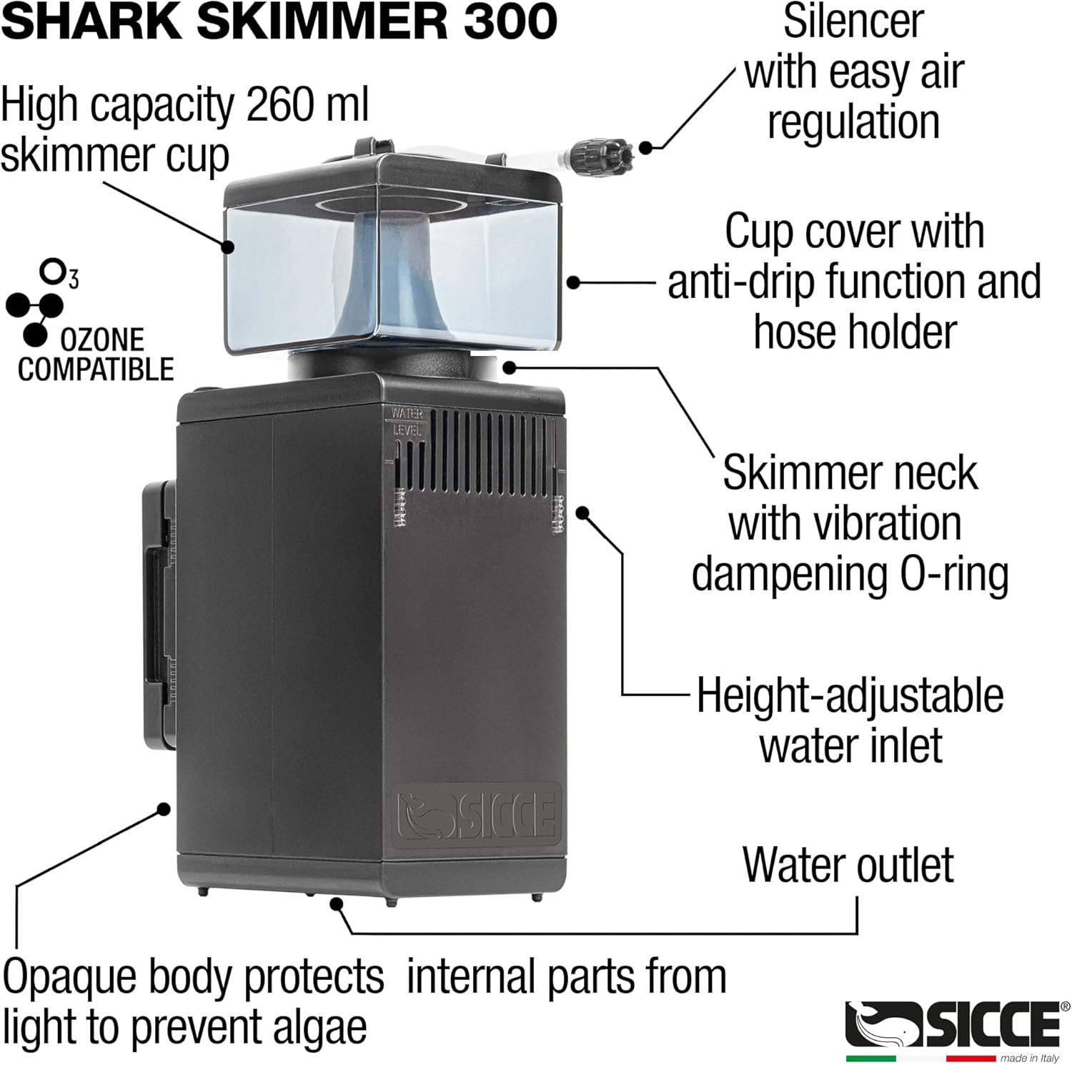 Sicce Shark Nano Protein Skimmer 300 up to 80 Gallon Saltwater Aquariums | Ultra Quiet Pump, Adjustable, Compact, Small Aquarium Marine Reef Tank