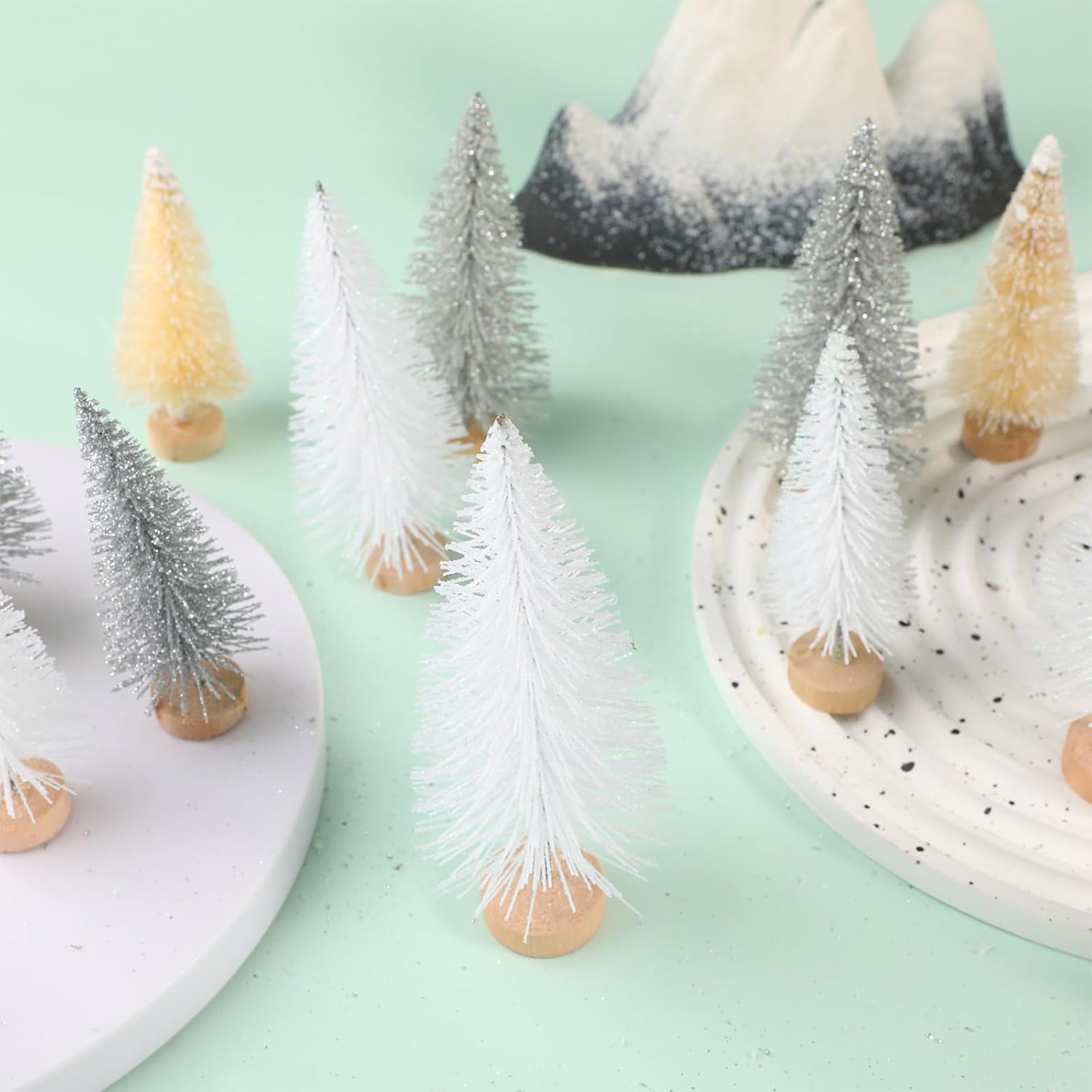 8 Pcs Artificial Mini Christmas Trees, Miniature Pine Trees Sisal Trees with Wood Base Tabletop Christmas Tree for Christmas Xmas Holiday New Year (Pure White, 8 pcs)