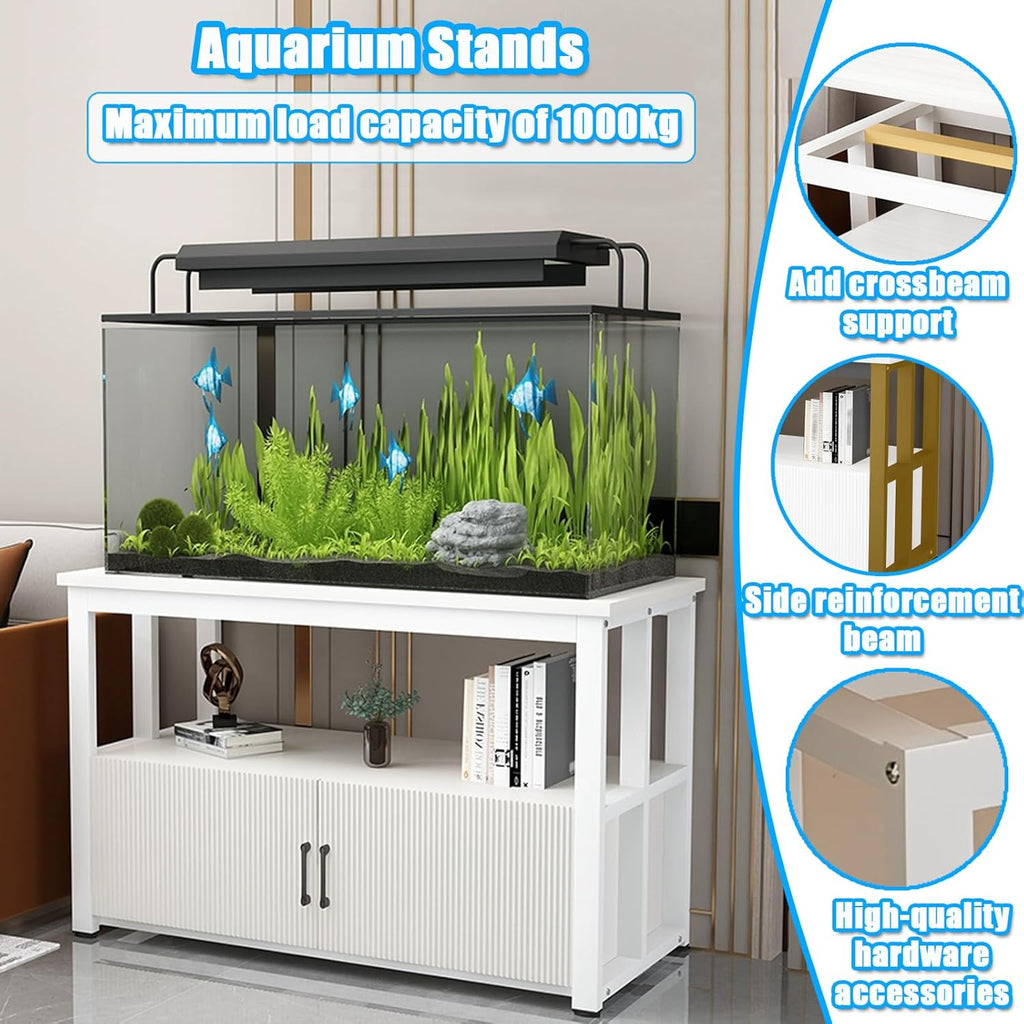 5-75 Gallon Aquarium Stands, 3 Tier Metal Frame Fish Tank Stand with Cabinet Storage, Reptile Tank Stand for Home Living Room Bedroom Office, 2200LBS Capacity (white+white, L19.7″*W13.8″*H23.6″)