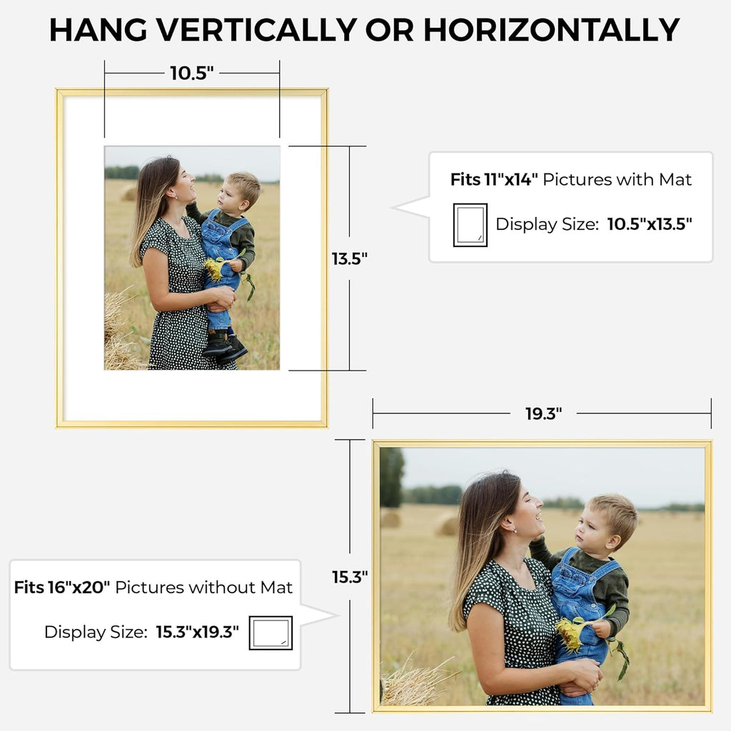 RICHFOCUS Aluminum Picture Frame - 16x20 Gold Metal Frame with Mat for 11x14 Photo, Floating Frame with Tempered Glass - Poster Frame Wall Hook Included for Gallery Wall