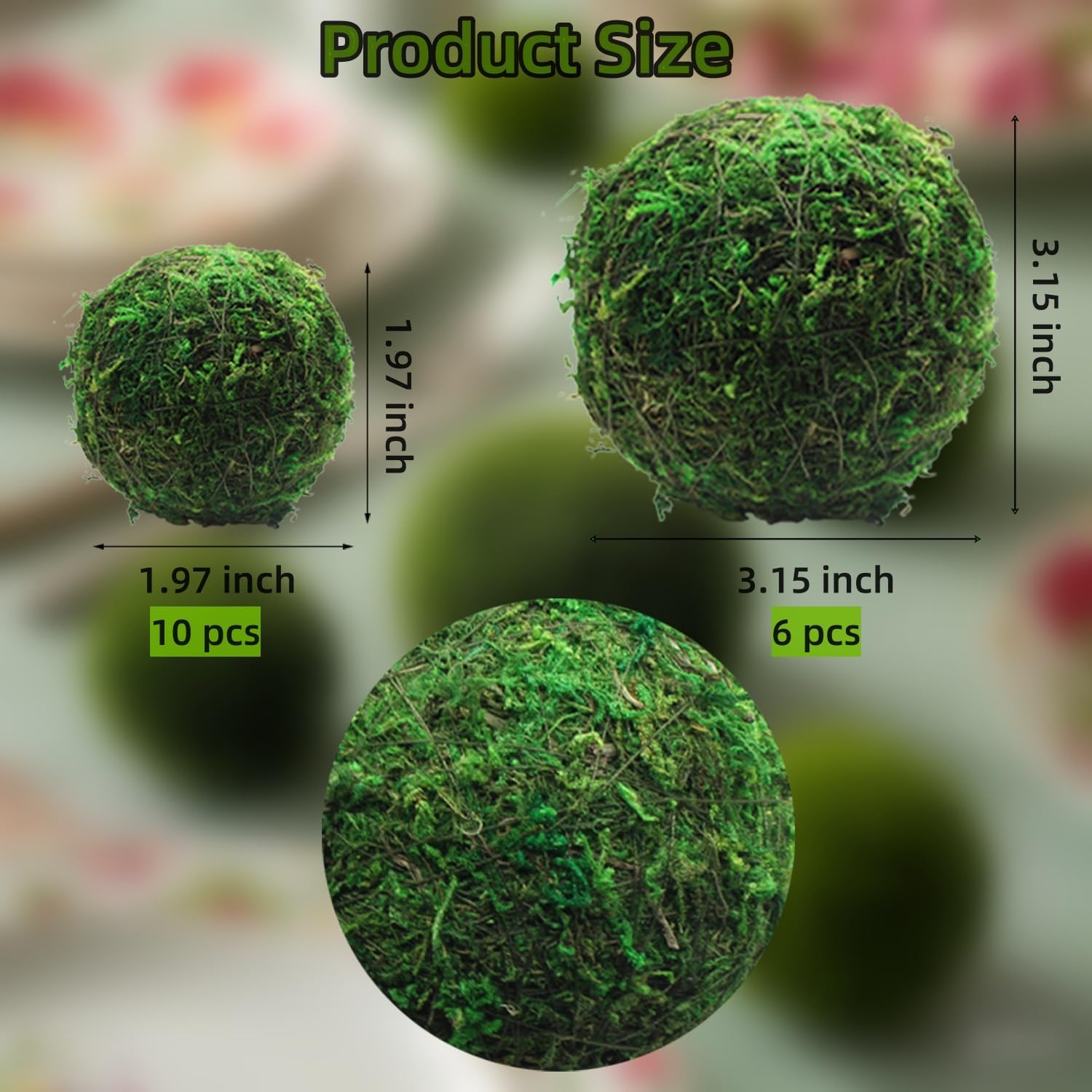 16 Pcs Decorative Moss Balls, 6 Pcs 3.2" Dried Green Spheres+ 10 Pcs 2" Greenery Balls Faux Mossy Globes, Natural Moss for Bowls Filler, Wedding Decors (Mix - Set of 16)