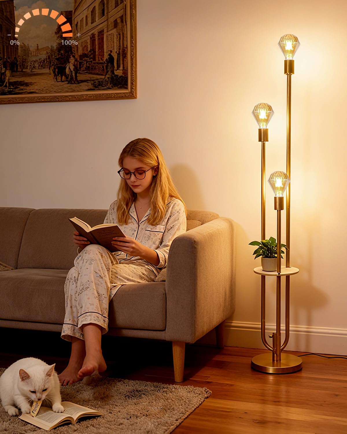 Lightdot Gold Floor Lamp for Living Room, Dimmable Vintage Floor Lamp with Shelf & E26 Base Bulbs, 3 Light 3000K Warmwhite Mid Century Standing Lamp for Reading, Tall Lamp for Bedroom Office