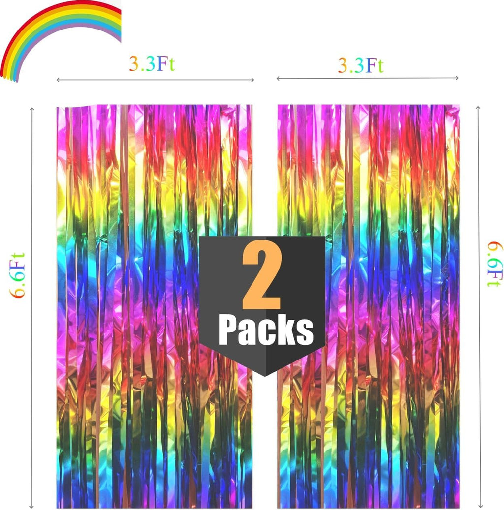 2 Packs Rainbow Party Decorations, Rainbow Foil Fringe Curtain Neon Backdrop Metallic Tinsel Photo Booth Props for Birthday Gay Pride Day Bachelorette Engagement Baby Shower Unicorn Disco Party Decor