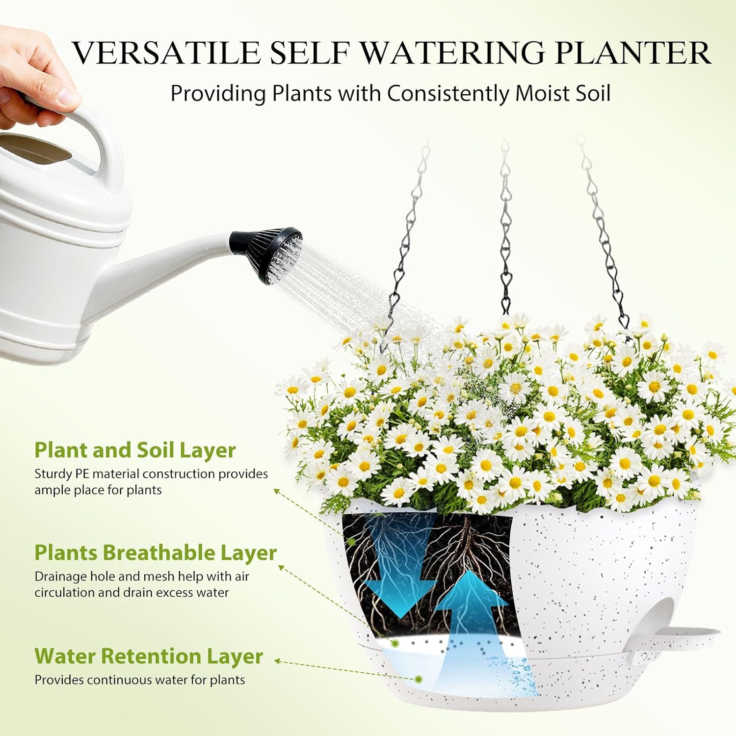 12 Inch Hanging Baskets 2 PC with Chains, Self-Watering Hanging Planters for Indoor Outdoor Plants, Plastic Hanging Flower Pots,Speckled White