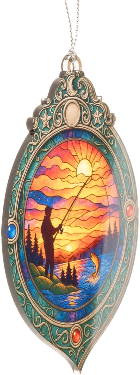 Fishing Ornament – Fisherman Decor – Bass Fishing Gift – Outdoor Cabin Ornament – Fisherman Card for Dad – Suncatcher Effect Stained Glass Window – Car Hanging
