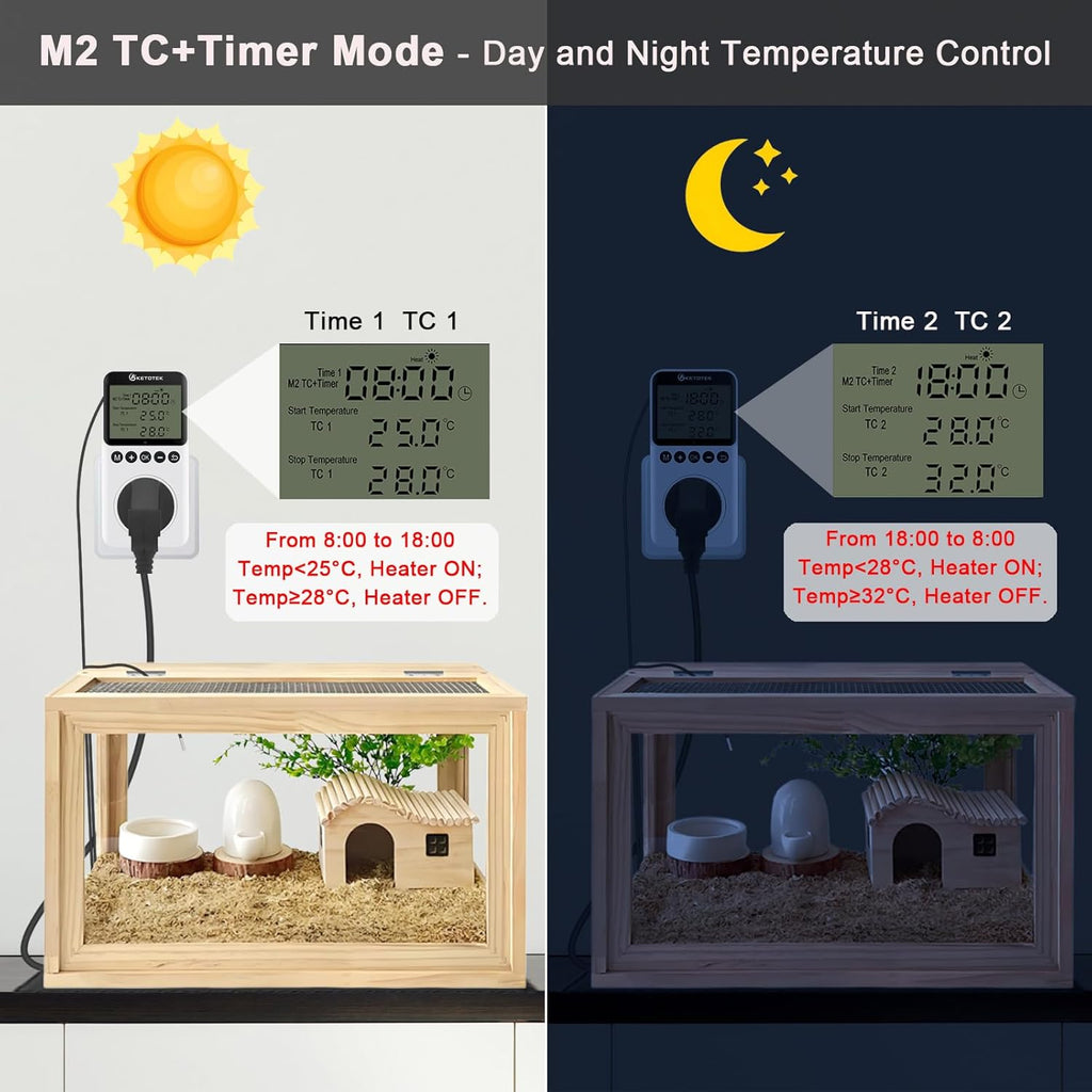 KETOTEK Digital Day/Night Temperature Controller 120V, Thermostat Outlet Plug with Timer, Thermostatic Outlet Switch 110V with 3m Sensor for Reptile Terrarium Greenhouse, Heating/Cooling Temp Control