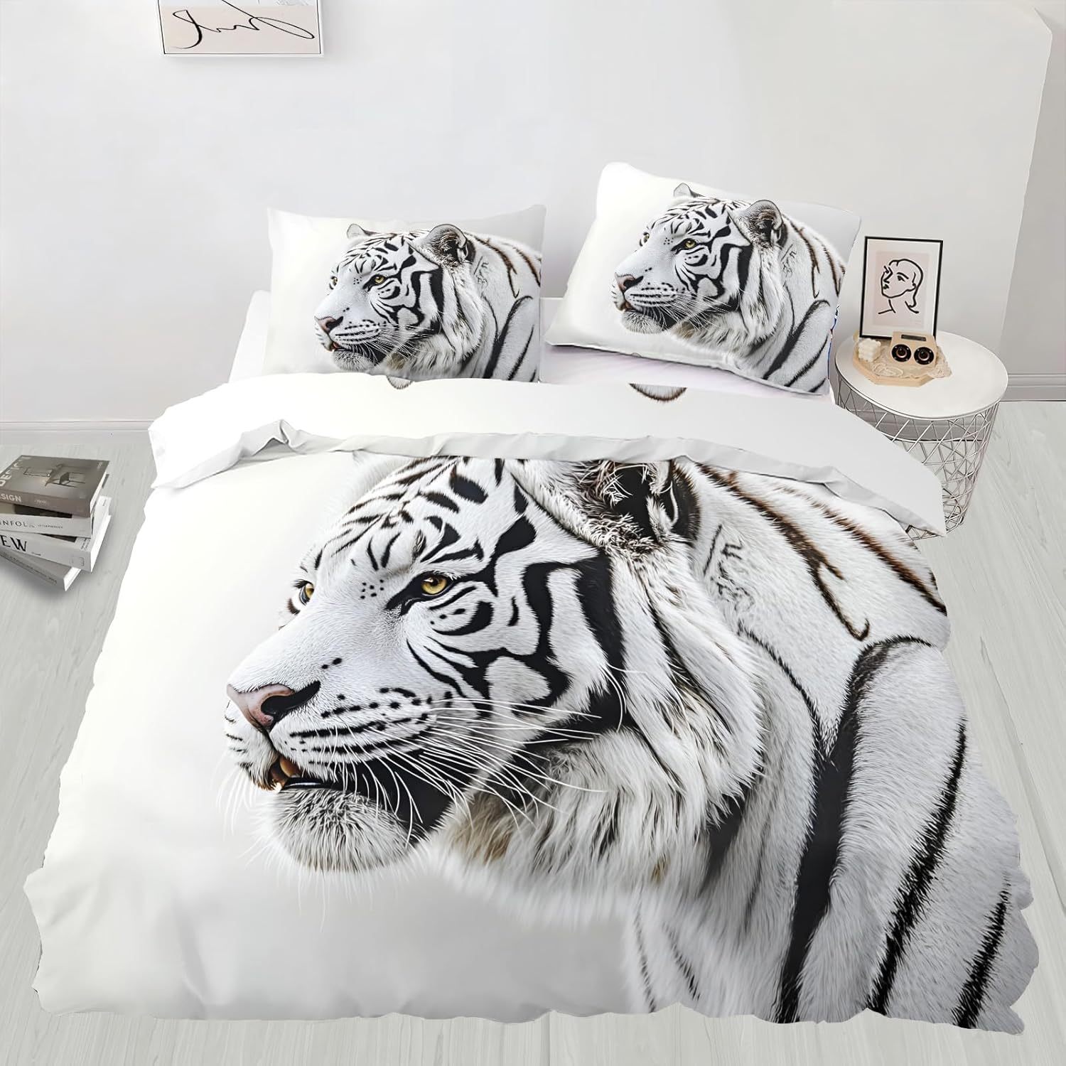 White Tiger Duvet Cover California King, Wild Nature Predator Tiger Bedding Set 3 Piece Bedroom Decor Black White Comforter Cover with Zipper Ties & 2 Pillowcases