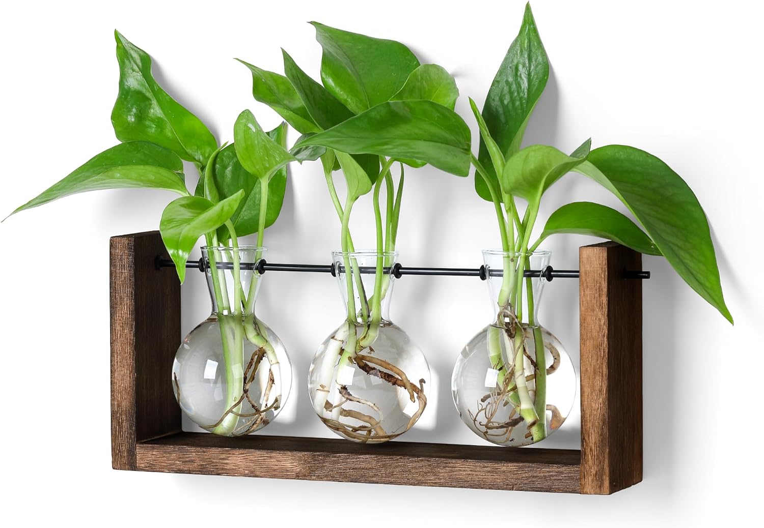 YIBOT Wall Hanging Planter Propagation Station Glass Flower Vase for Hydroponics Plants, Plant Terrarium with Wooden Stand, Bathroom, Home Office Living Room Decor Gift