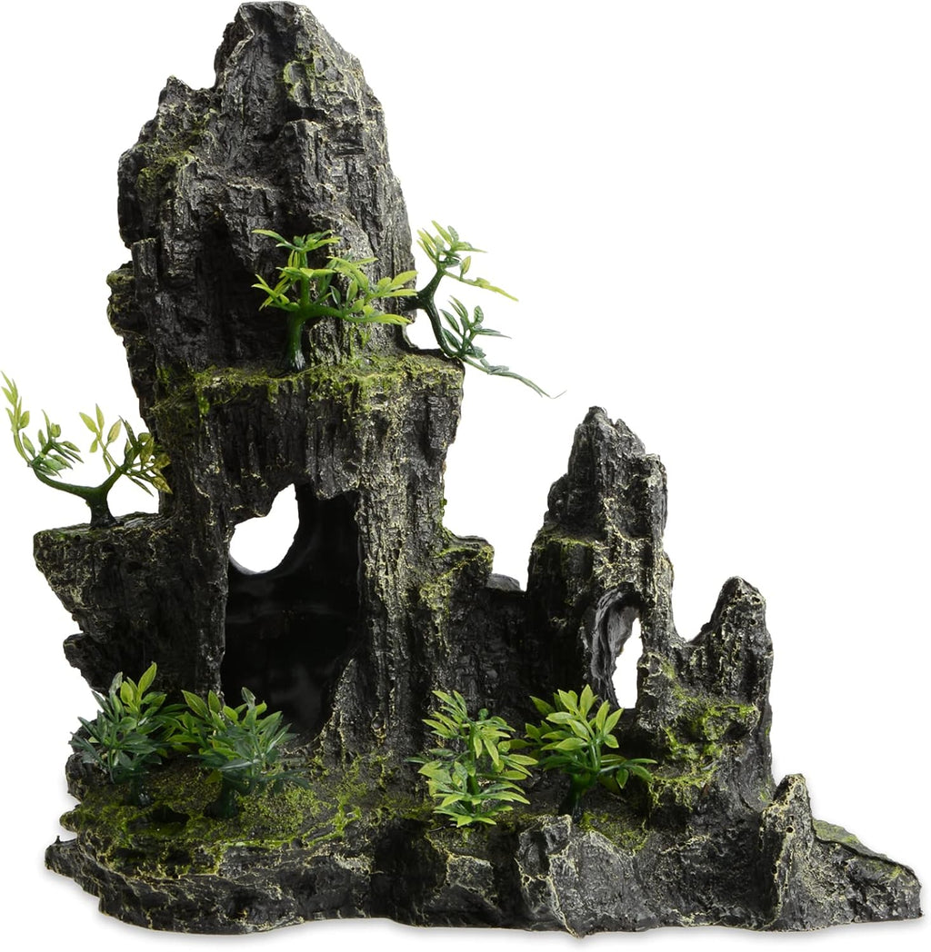 Saim Large and Tall Aquarium Mountain View Stone Decorations, Resin Rocks Aquascaping Cave Ornaments with Plants Fish Tank Accessories Betta Hideout Caves Rockery Landscape 11Inches High