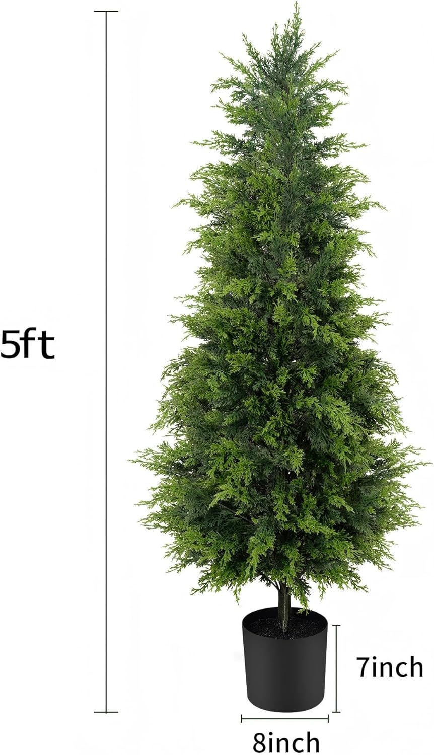 60" Artificial Cedar Topiary Tree One Set, 5FT SEVENLOVE Potted Cedar Tree Topiary Artificial Plant Shrub for Front Porch Home Office Decor (1, 5)