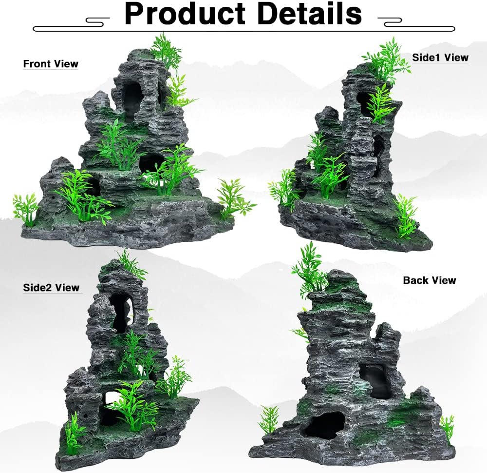 Aquarium Decoration Large and Tall Fish Tank Decor Aquarium Rock Mountain View Aquarium Ornament Tree House Cave for Large Tank - 10.2 Inches High
