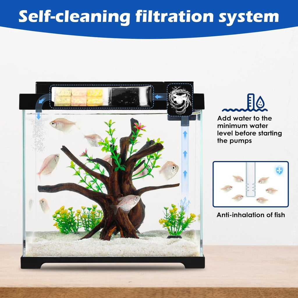 AQQA 2.4 Gallon Glass Aquarium Tank Kit with LED Lights & Quiet Filter –USB Self-Cleaning All-in-One Fish Tank, ABS Cover, 4 Light Modes, Built-in Feeding Hole – Perfect for Betta, Small Fish Black
