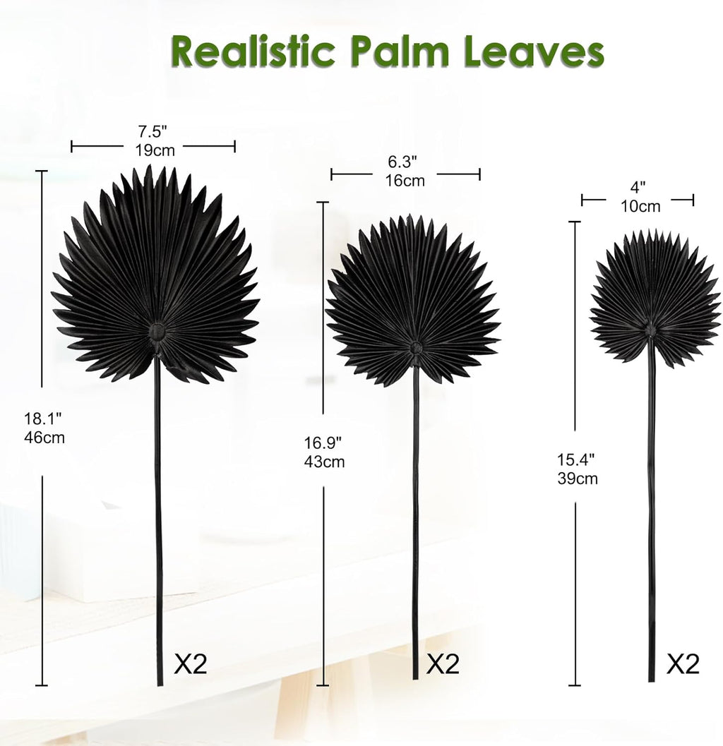 6 Pcs Pu Foam Black Artificial Palm Leaves Faux Palm Tropical Leaves Fake Palm Fronds for DIY Wedding Bouquets Fake Leaves for Centerpieces Arrangements Bridal Shower Palm Leaf for Home Decor