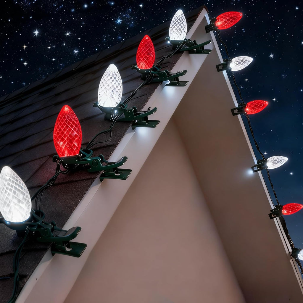 Dazzle Bright C9 Christmas String Lights, 100 LED 66 FT Waterproof Connectable Fairy Lights with 100 Spring Clips Timer, Christmas Decoration for Outdoor Roofline Home Garden Yard Tree (Red & White)