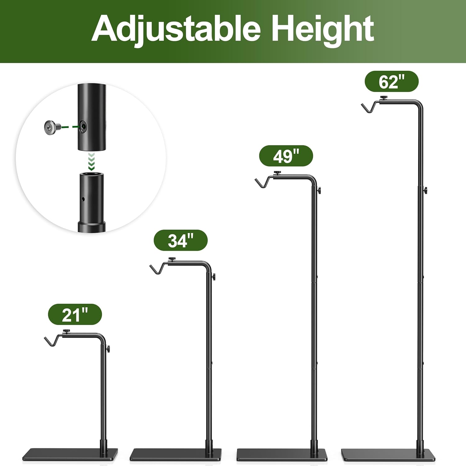 Reptile Heat Lamp Stand Adjustable 21"-62" – Metal Light Holder with Heavy Base for Bearded Dragon, Turtle, Snake, Lizard – Aquarium and Terrarium Heating Lamp Fixture