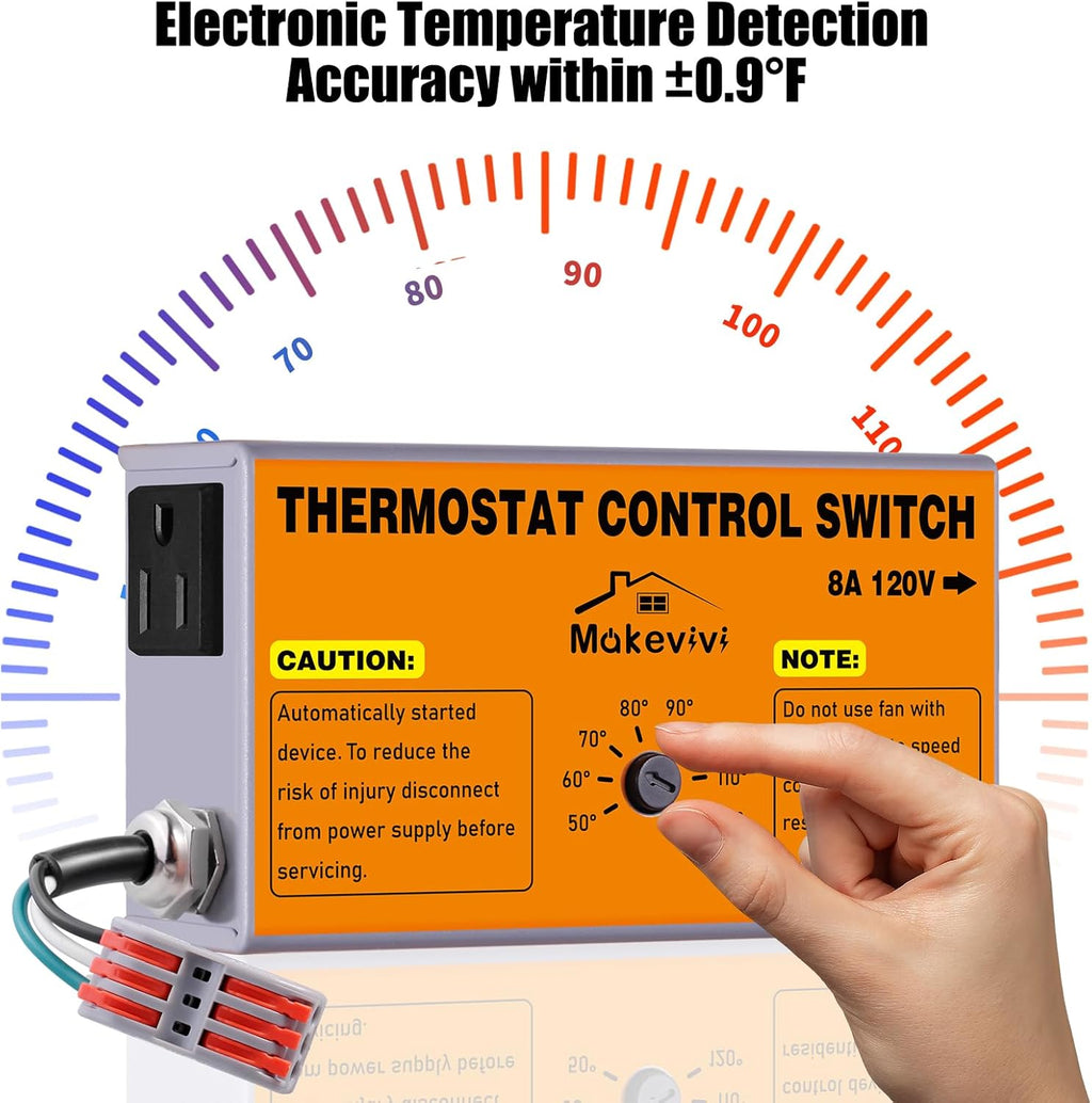 Attic Fan Thermostat-Control: with Socket and Wire Connector, Can Be Connected to Two Fans, Replacement Thermostat with Overload Protector, Temperature Controlled Exhaust Fan for Workshop, Greenhouse