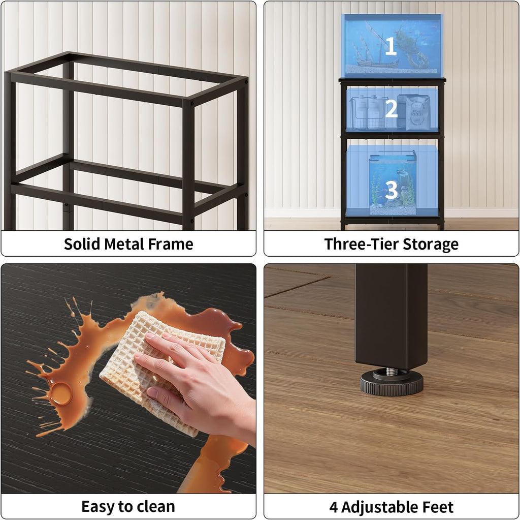 APPLOYN 5-10 Gallon Fish Tank Stand, Aquarium Stand with 3-Tier Storage Shelf, Heavy Duty Metal Frame for Turtle Reptile Terrarium Tank Stand, for Living Room, 20.5" L x 11.4" W x29.2" H, Black