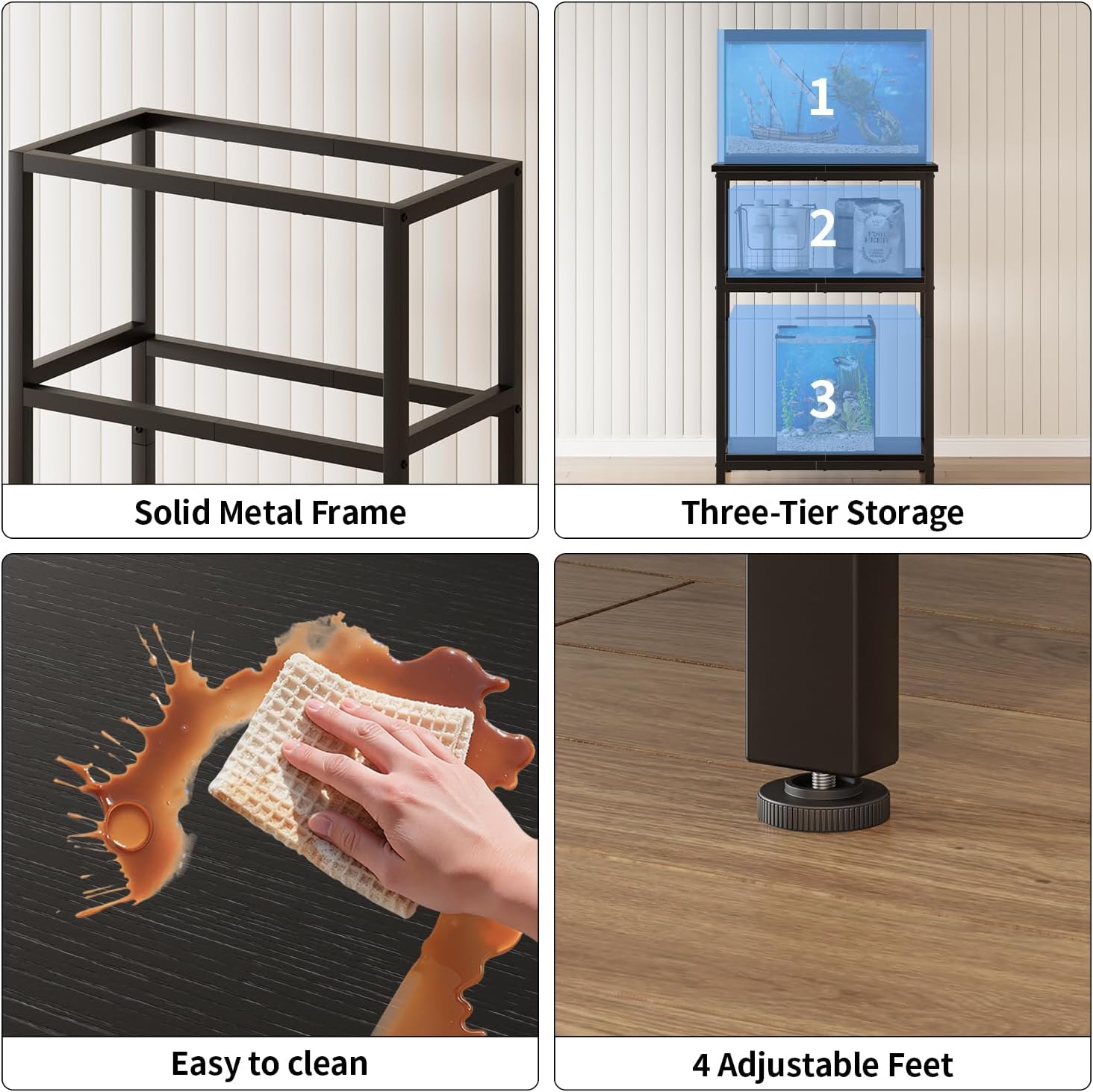APPLOYN 5-10 Gallon Fish Tank Stand, Aquarium Stand with 3-Tier Storage Shelf, Heavy Duty Metal Frame for Turtle Reptile Terrarium Tank Stand, for Living Room, 20.5" L x 11.4" W x29.2" H, Black