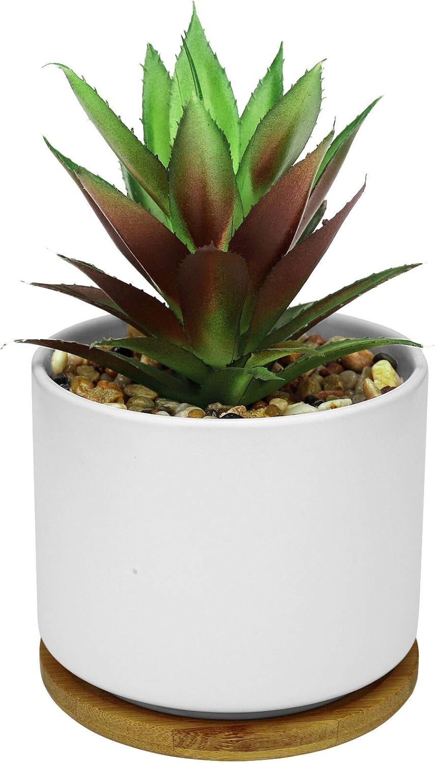 Hopewood Artificial Succulents in Pot, Fake Potted Pineapple Succulents Plants with Ceramic Pot and Wooden Tray, Potted Artificial Plants for Home, Office Desk and Bathroom Decor 6.8inch×4.3inch